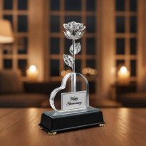 Illuminated 8" Platinum Rose in Personalized Heart Vase